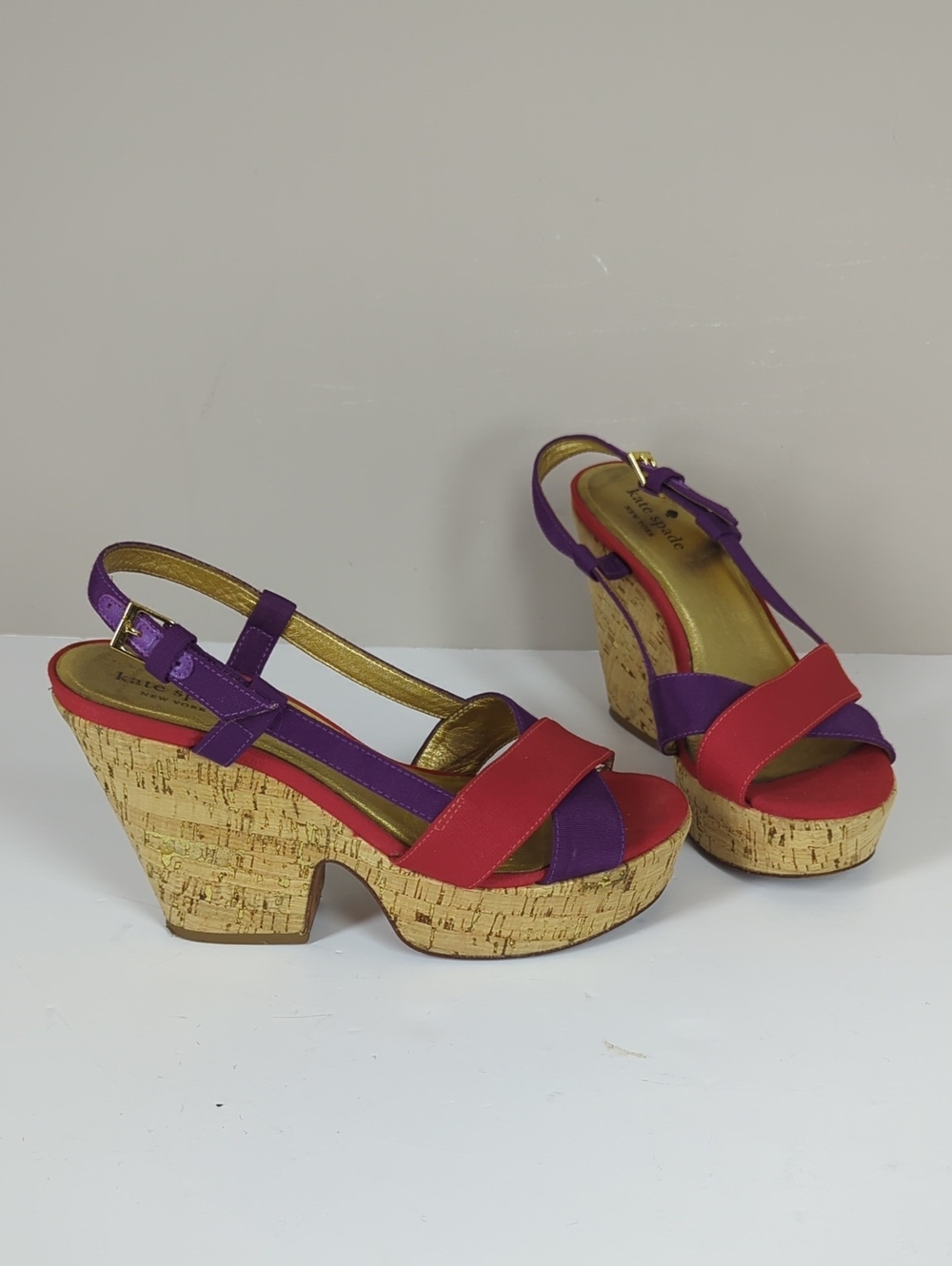 Kate Spade Penny Cork Wedge Sandals Shoes Red Purple Size 6m